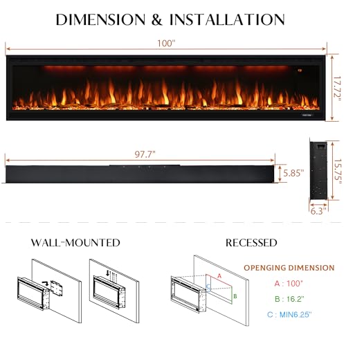 100 inch Smart Electric Fireplace, Wall Mounted Fireplace Insert for Living Room, Realistic Flame Fire w/Multicolor, Large Linear Fireplace Recessed in Wall, Black (100") Dreamflame