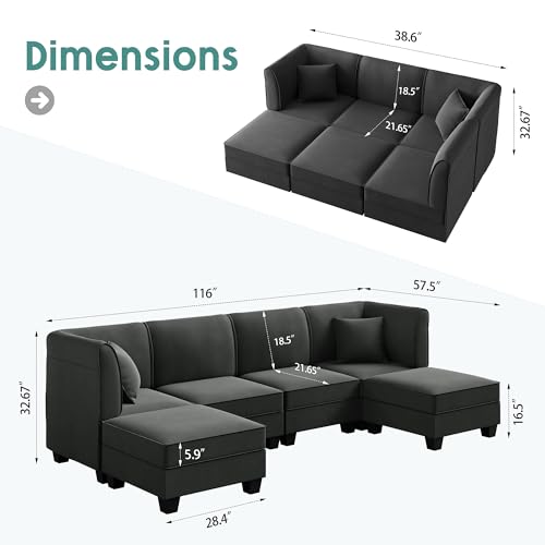 Shintenchi 6 Pieces Sectional Couch Modular Sofa,U Shaped Reversible Chaise Velvet SofaCouch with Cushions,Modular Sectional Sofa with Ottoman for Living Room (Dark Grey) Shintenchi