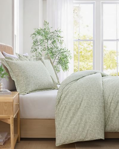 Duvet Cover Queen Size Set - Extra Soft Floral Duvet Cover 90 x 90 with 2 Pillow Shams - Comfy, Breathable Bedding Set - Hotel Luxury & Fade Free with Zipper Closures & Ties - Sage Retro Floral CGK Unlimited