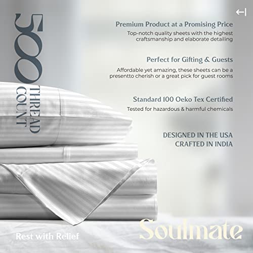 Mayfair Linen 100% Cotton Striped Sheets King Size Bed Set - 500 Thread Count Damask Sheets King Size 4 PC Set (White Stripe), Soft, Cooling, Sateen Weave Hotel-Quality 16" Deep Pocket Bedsheet Mayfair Linen