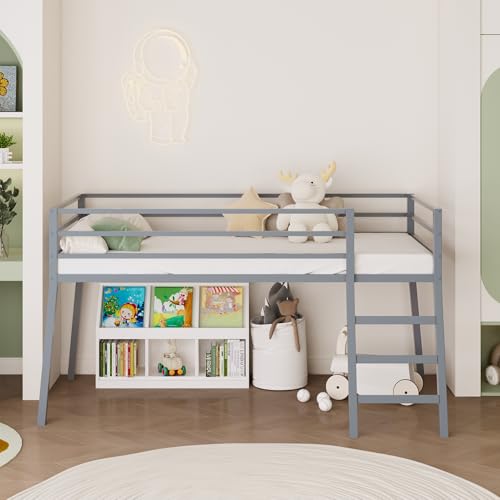 Lutown-Teen Low Metal Twin XL Loft Bed with Ladder and Guardrail for Kids or Teens, Space Saving XL Twin Loft Bed for Small Bedroom, Grey Lutown-Teen