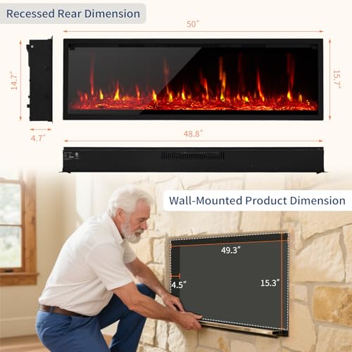 60'' Electric Fireplace - Recessed & Wall Mounted with Log & Crystal Inserts | Adjustable Flame Color/Speed/Brightness, 750/1500W Heater, Remote Control & Touch Screen, Built-in Timer, Low Noise SLEKVERSA