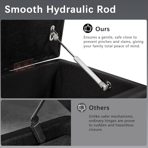 VECELO 44.1" Ottoman with Storage, Storage Ottoman Bench with 2 Gas Spring Lid Supports, PU Leather Upholstery, Solid Wood Legs, Black Shoe Bench for Bedroom, Living Room, Entryway VECELO