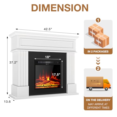 oneinmil Electric Fireplace with Mantel, Fireplace TV Stand with 18’’ Electric Fireplace Heater, 3D Realistic Flame, Freestanding Fireplace for Living Room, Bedroom, White oneinmil