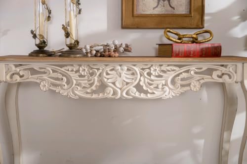 JIJIWANG 43.31" Distressed Console Table with Carved Details,Weathered Wash Vintage French Country Entry Table with Wood Carvings and Curved Legs for Hallway Living Room,Natural Wood JIJIWANG