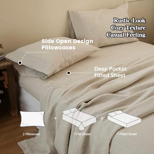 Simple&Opulence 100% Linen Sheet Set with Embroidery Washed - 3 Pieces (1 Flat Sheet & 1 Fitted Sheet & 1 Pillowcase) Natural Flax Soft Bedding Breathable Farmhouse - Linen, Twin Size Simple&Opulence