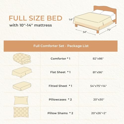 Sasttie Full Size Comforter Set, 7-Piece Bed in a Bag Double, Pintuck Bedding Set for All Season, Includes Comforter, Flat Sheet, Fitted Sheet, Pillowcases and Pillowshams, Beige Sasttie
