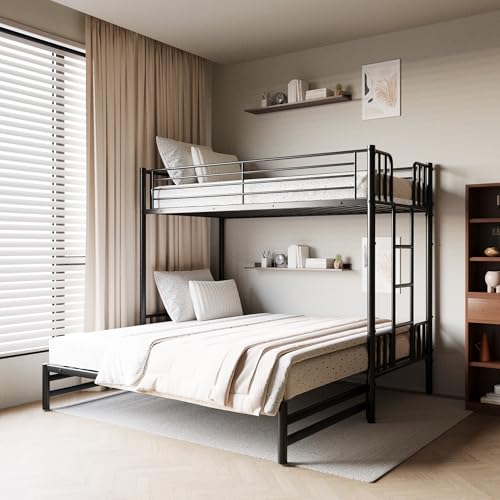 DNChuan Twin Over Twin to King Bunk Bed with Pop Up Trundle, Can Be Divided Into 2 Beds for Kids Boys Adults Girls, Metal Frame with Headboard and Footboard, Black DNChuan