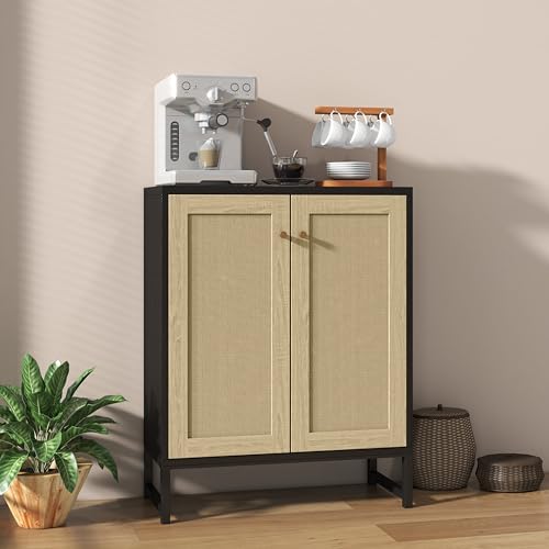 Panana Rattan Decorated 2 Doors Storage Cabinet Accent Cabinet Living Room Cupboard Kitchen Sideboard Buffet Table (Black Cabinet) Panana