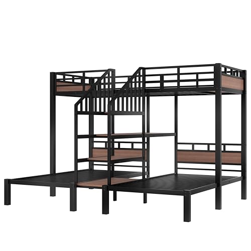 Bellemave Twin Over Twin Over Twin Bunk Bed with Shelf and Storage Stairs, Heavy Duty Triple Bunk Beds with Safety Guardrails, Metal Triple Bunk Bed Frame for 3 Kids, Teens, Black Bellemave