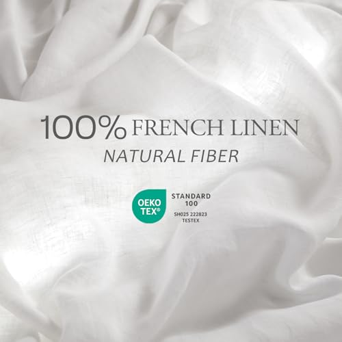 DAPU Pure Linen Sheets Set, 100% French Linen From Normandy, Breathable and Durable For Hot Sleepers, 4 Pcs Set - 1 Flat Sheet, 1 Fitted Sheet, 2 Pillowcases (White, Queen) DAPU