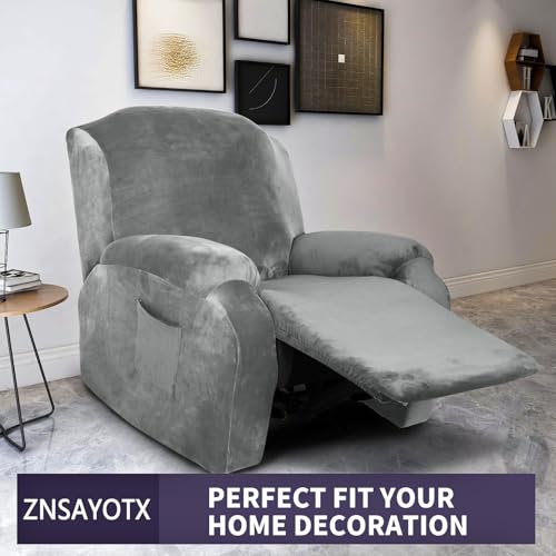 ZNSAYOTX Stretch Velvet Recliner Cover 4-Pieces, Thick Soft Recliner Chair Slipcover with Pocket, Non-Slip Elastic Bottom for Kids Pets, Luxury Plush Reclining Protector Comfy Washable (Grey)