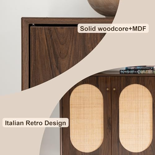 HoeuThien Rattan Sideboard with Storage Modern Kitchen Buffet Accent Cabinet with 2 Doors Wooden Cabinet for Dining Room Entryway Living Room Dark Brown HoeuThien