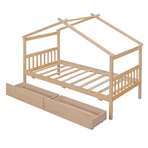 Merax Natural Twin Size Wooden House Bed with Two Storage Drawers for Kids and Teens Merax