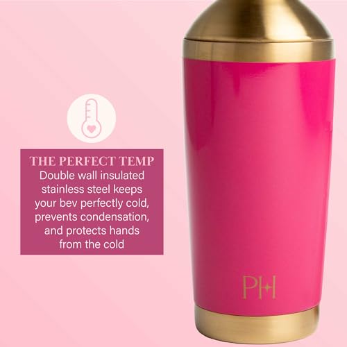 Paris Hilton 2-Piece Cocktail Shaker Set, Double Wall Insulated Stainless Steel Mixer with Built-In Strainer and Double-Sided Jigger, 20-Ounce, Gold and Hot Pink Paris Hilton