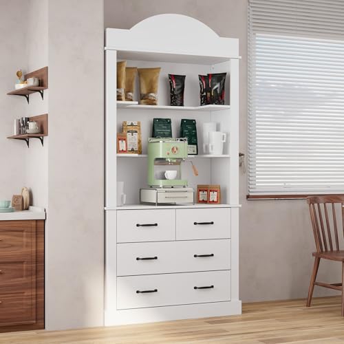 ECACAD 79.5" H Kitchen Pantry Storage Cabinet with Shelves and Drawers, Modern Kitchen Cupboard with Countertop for Living Room and Dining Room, White ECACAD