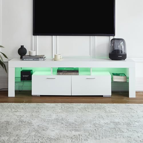 FENFSHE LED TV Stand for 65/70/75 Inch TV, Entertainment Center with Storage Drawer, Industrial TV Console Table for Living Room and Bedrooms, White FENFSHE