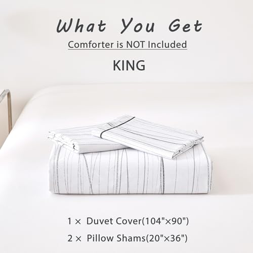 ALEISSEL Modern Urban 100% Natural Cotton Duvet Cover Sets 3Pcs - Gray Artistic Lines Pattern on White with Textured Light-Gray Reverse, Minimalist Bedding Set with Button Closure(King,104"×90" ALEISSEL