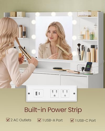 VASAGLE Kailyn Collection - Vanity Desk with Mirror and 9 LED Bulbs, Vanity Makeup Table with Power Outlets, Dressing Table with 9 Drawers, for Bedroom, Cloud White URDT141WB01S VASAGLE