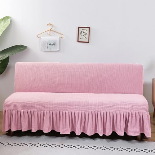SUIOKPO High Stretch Futon Slipcover Armless Futon Bed Cover with Ruffle Skirt Furniture Protector with Elastic Bottom for Kids, Pet, Solid Color Futon Sofa Covers for Kids, Pets,Pink,S SUIOKPO