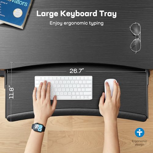 HUANUO 48" x 26" Electric Standing Desk with 2 Drawers & 26.7" Large Keyboard Tray, C-Clamp Mount Compatible, Adjustable Computer Desk for Home Office, Stand Up Desk with 4 Height Presets, Black HUANUO