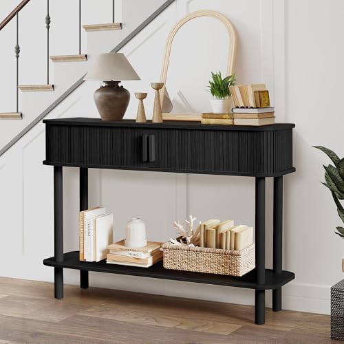 RARZOE Console Table with Storage, Fluted Entryway Table with Sliding Door&Open Shelf, Sofa Table Behind Couch, Mid-Century Modern Accent Table for Hallway, Entrance, Foyer, Fully Assembled(Black) RARZOE