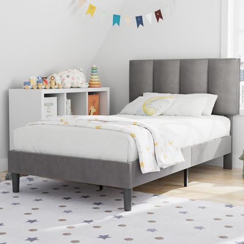 VECELO Twin Size Bed Frame with Upholstered Headboard, Heavy-Duty Bedframe with Wooden Slats & Steel Framework, Easy Assembly, Dark Grey VECELO