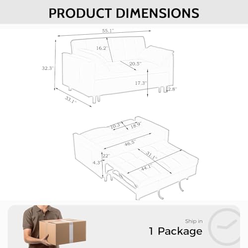 3 in 1 Corduroy Convertible Sofa Bed, Pull Out Couch Bed with Reclining Backrest and 2 Pillows, 54" Full Size Loveseat Sleeper Sofa Futon Couch Beds, Couches for Small Spaces, Living Room (Pink) Majnesvon