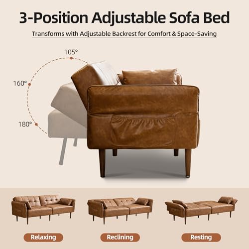 HALLYBEE 85” Futon Sofa Bed, Sleeper Sofa, Small Couch with Storage Adjustable Armrests Pillows, Faux Leather Loveseat, Mid Century Modern Couches for Living Room, Bedroom, Apartment, Brown HALLYBEE