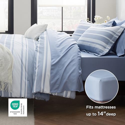 Bedsure Twin Comforter Set 5 Pieces, Blue Striped Bedding Set for All Seasons, Reversible, Cationic Dyeing Bed in a Bag with Comforter, Sheets, Pillowcase & Sham Bedsure