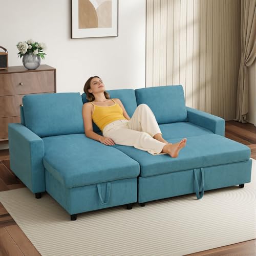 Yafylly L-Shaped Sleeper Sofa with Chaise Lounge & Storage, Pull-Out Couch Bed with Recliner, Full Size Futon for Living Room, Office, Apartment Teal Yafylly