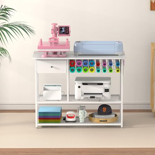 Crafit Extra Large Heat Press Table, Heat Press Stand Desk Cart with Vinyl Storage, Multi-Purpose Heavy Duty Metal Workbench for DIY Sublimation, T-Shirts Caps Mug & Tumbler Heat Transfer Projects Crafit