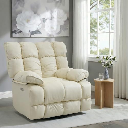 Govoya Oversized Pet-Friendly Leather Recliner Chair, Swivel Rocking Recliner Chair, Electric Adjustable Reclining, USB & Typle-C Charging Port, XXL Single Sofa for Living Room, Nursery, Cream White