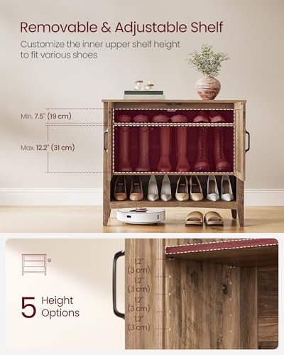 VASAGLE LIRY Collection - Shoe Cabinet, 3-Tier Storage Organizer, Shoe Shelf, Farmhouse Freestanding Cabinet, Height-Adjustable Shelf, 13.8 x 31.5 x 27.6 Inches, Honey Brown ULBC038B01 VASAGLE