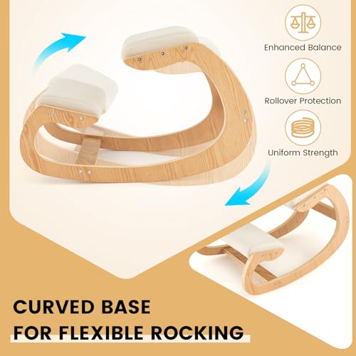 FIREFLOWERY Ergonomic Kneeling Chair, Wooden Posture Chair W/Extra Padding for Back Neck Pain Relief & Improving Posture, Rocking Meditation Stool W/Knee Support for Home Office (Beige) FIREFLOWERY