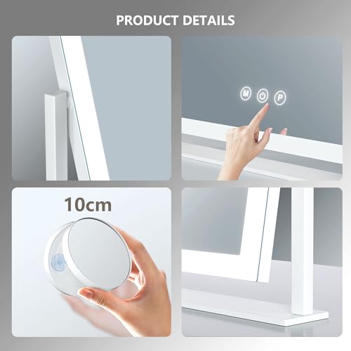 Gvnkvn Lighted Makeup Mirror, 17.3"x13" Hollywood Vanity Mirror with Led Lights, Three Color Lighting Modes, and 10X Magnification Mirror, Smart Touch Control, 360°Rotation (White, Gift Box) Gvnkvn