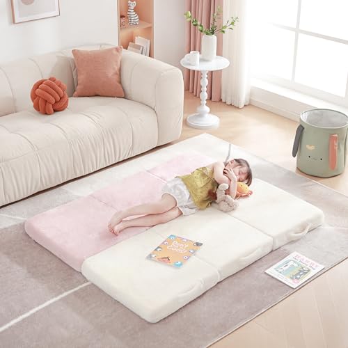 Givjoy Foldable Floor Mattress for Kids, Toddler Washable Tri Folding Floor Nap Mat for Sleeping Daycare, Child Trifold Futon Sofa Bed with Storage Bag for Playroom, Bedroom, Girls and Boys Givjoy