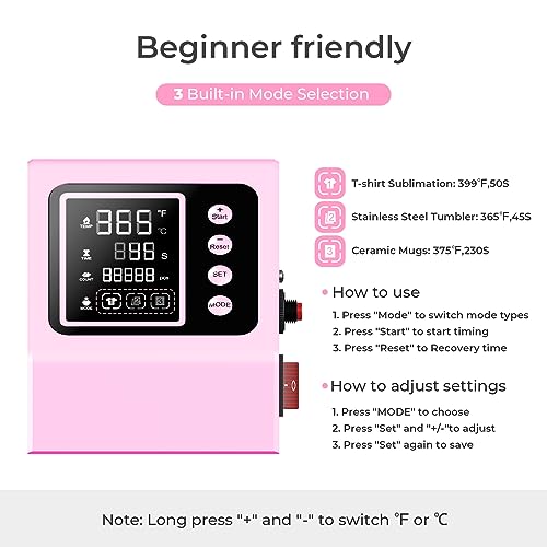 Pro 15x15 Heat Press with 30 OZ Tumbler Attachment, 8in1 Combo Tumbler Heat Press for T-Shirts, Tumblers Glass Cans Mugs Hats, and Plates (Pink) EnjoyColor