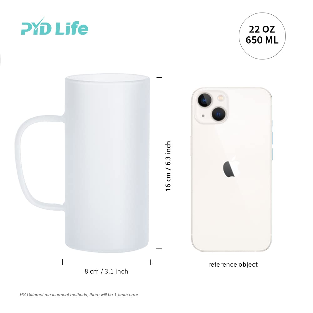PYD Life Sublimation Glass Blanks Mug Frosted Glass Tumblers 22 OZ Coffee Beer Mugs Cups with Handle for Cricut Mug Press and Tumbler Heat Press 4 Pack PYD Life