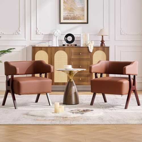 JIASTING Barrel Accent Chairs, Brown Leather Chairs with Solid Wood Frame, Mid-Century Modern Wooden Armchair with Wraparound Back, Comfy Office Reading Chair for Living Room, Bedroom (2, Brown) JIASTING