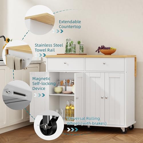 Shintenchi Kitchen Island with Drop Leaf, Rolling Kitchen Cart with Storage on Wheels, Table Bar Cart for Kitchen with Towel Rack & Seating Area for Dining Room, White Shintenchi