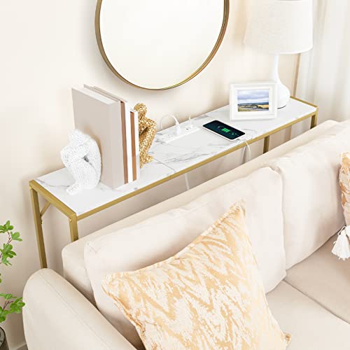 MAHANCRIS Console Table, Narrow Sofa Table, 43.3” Entrance Table with Power Station, Behind Couch Table, Simple Style, for Living Room, Hallway, Entryway, Foyer, Marble and Gold CTJM112E01 MAHANCRIS