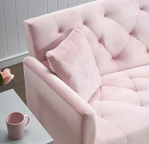 Modern Velvet Sofa Bed Futon with 2 Pillows,2-in 1 Convertible Sleeper Couch Bed,Folding Recliner Loveseat with Golden Metal Legs for Living Room Apartment Office (Light Pink) Anwick