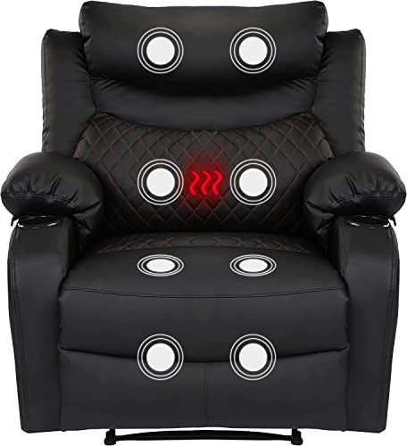 linting Massage Recliner Chairs with Heat, Wide Seat Reclining Lounge Chair for Home Theater, Faux Leather Heated Massaging Manual Recliner Chair with Cup Holder for Adult, Black