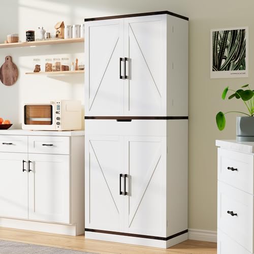 GRUSIGN 72" Kitchen Pantry Storage Cabinet with Doors and Shelves, Wood Farmhouse Pantry Storage with Barn Doors for Kitchen, Dining Room, Living Room GRUSIGN