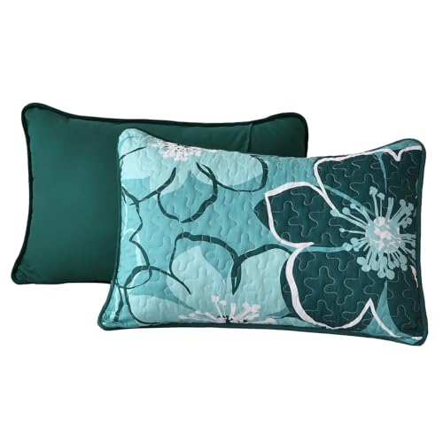 Luxudecor Floral Quilt Set King 3 Pieces Dark Green Flower Quilt Coverlet Set with 2 Pillow Cases, Lightweight Soft Microfiber Reversible Boho Bedspread for All Seasons 108"x92" Luxudecor