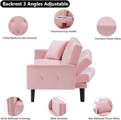 72" Pink Velvet Futon Couch Living Room Couch Bed Convertible Sleeper Sofa Bed with Cup Holder for Bedroom Guest Bed 2 Seater Reclining Sofas Couches with Nailhead Trim for Small Space (Pink) anwickjeff