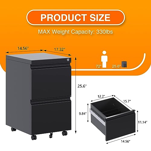 Aobabo Metal 2 Drawer Mobile File Cabinet with Lock, Under Desk Office Steel Filing Cabinet, 25.6''H Legal/Letter Size Files Storage Cabinet,Black,Fully Assembled Aobabo