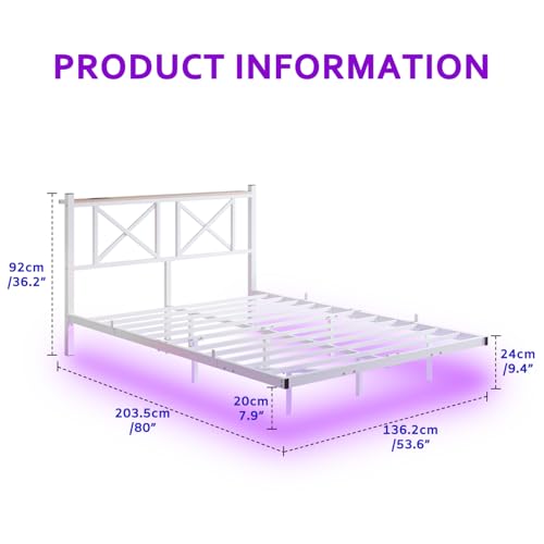 MUZERUL Floating Bed Frame Full Size with LED Lights & Charging Station,Metal Platform Bed Frame Full Size with XX Headboard,No Box Spring Needed,Heavy Duty Steel Slats,Easy Assembly,Noise Free,White MUZERUL