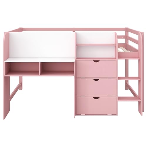 SOFTSEA Full Size Low Loft Bed with Desk & Storage, Solid Wood Pink Loft Bed with Drop-Down Cabinets, Open Shelves & Whiteboard for Kids Juniors Boys Girls, Pink SOFTSEA